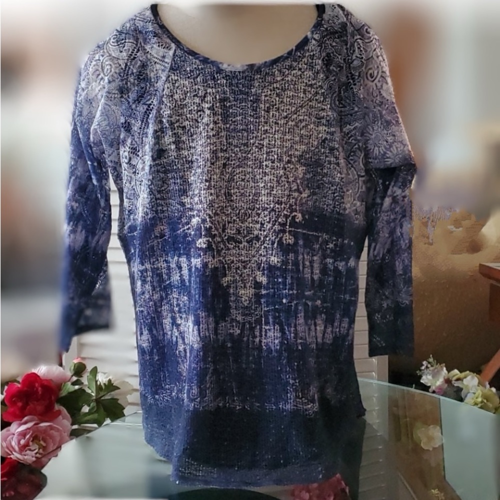 Laura Ashley Blue and White Patterned Blouse with attached camisole.